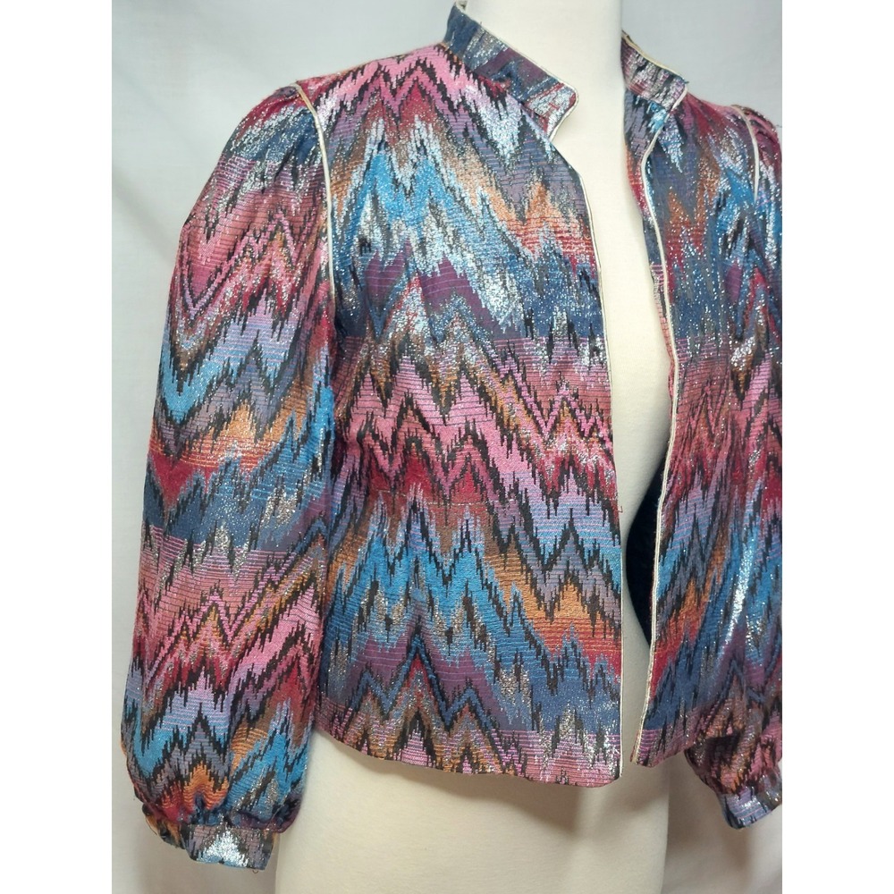 Vintage 80s Metallic Brocade Jacket Womens XS S Cropped Puff Sleeve Zig Zag
